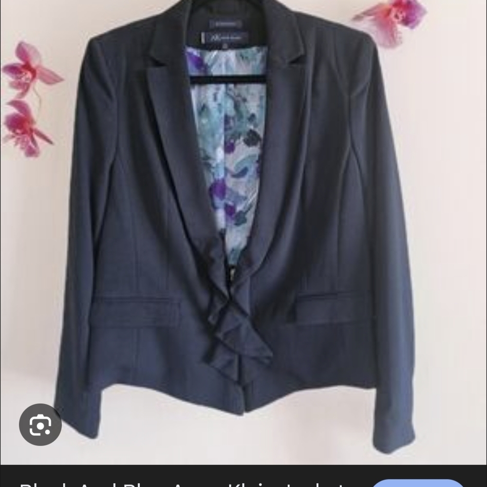 Anne Klein Black Ruffle-Front Blazer with Floral Lining